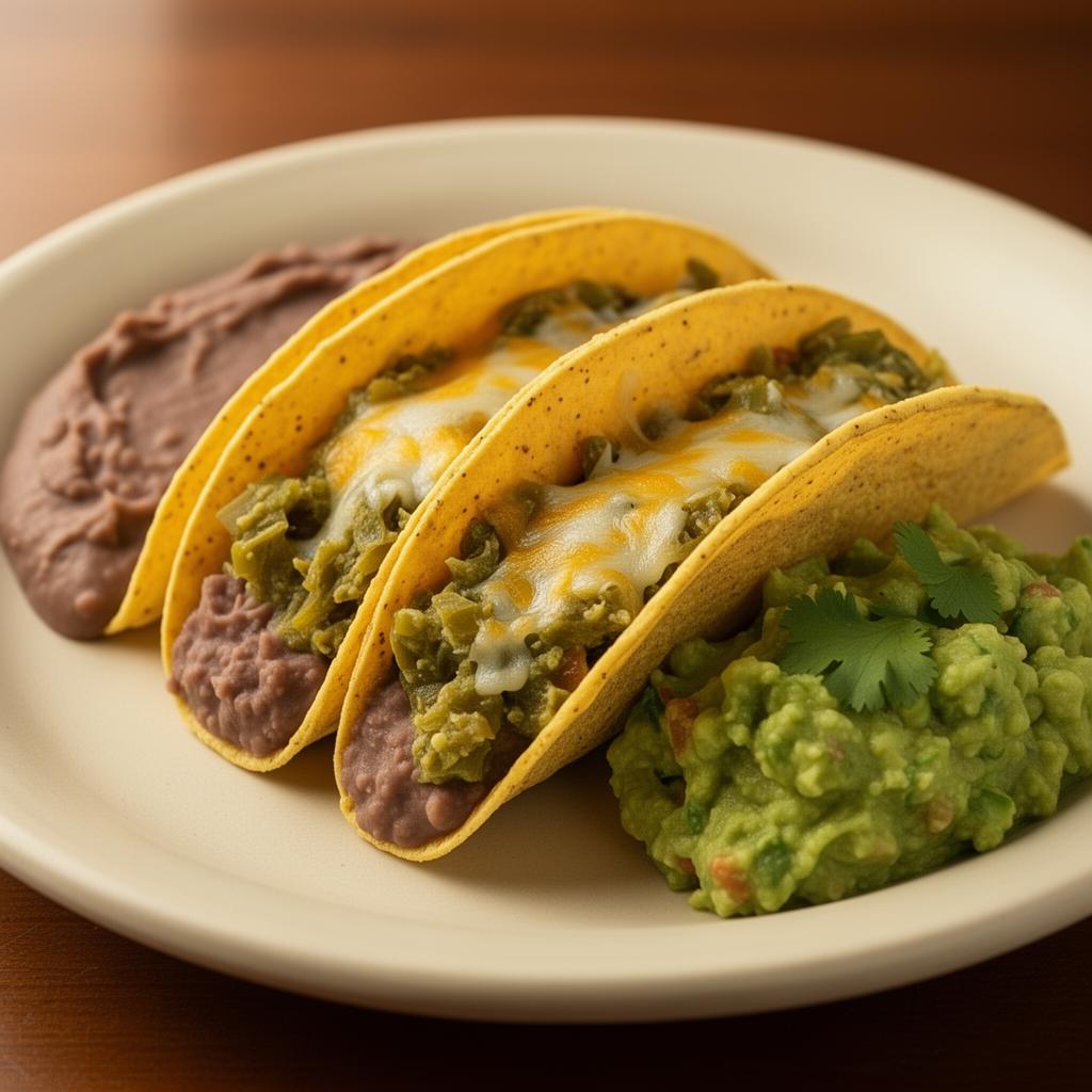Green chile tacos with refried beans and guacamole at Lola Cafe